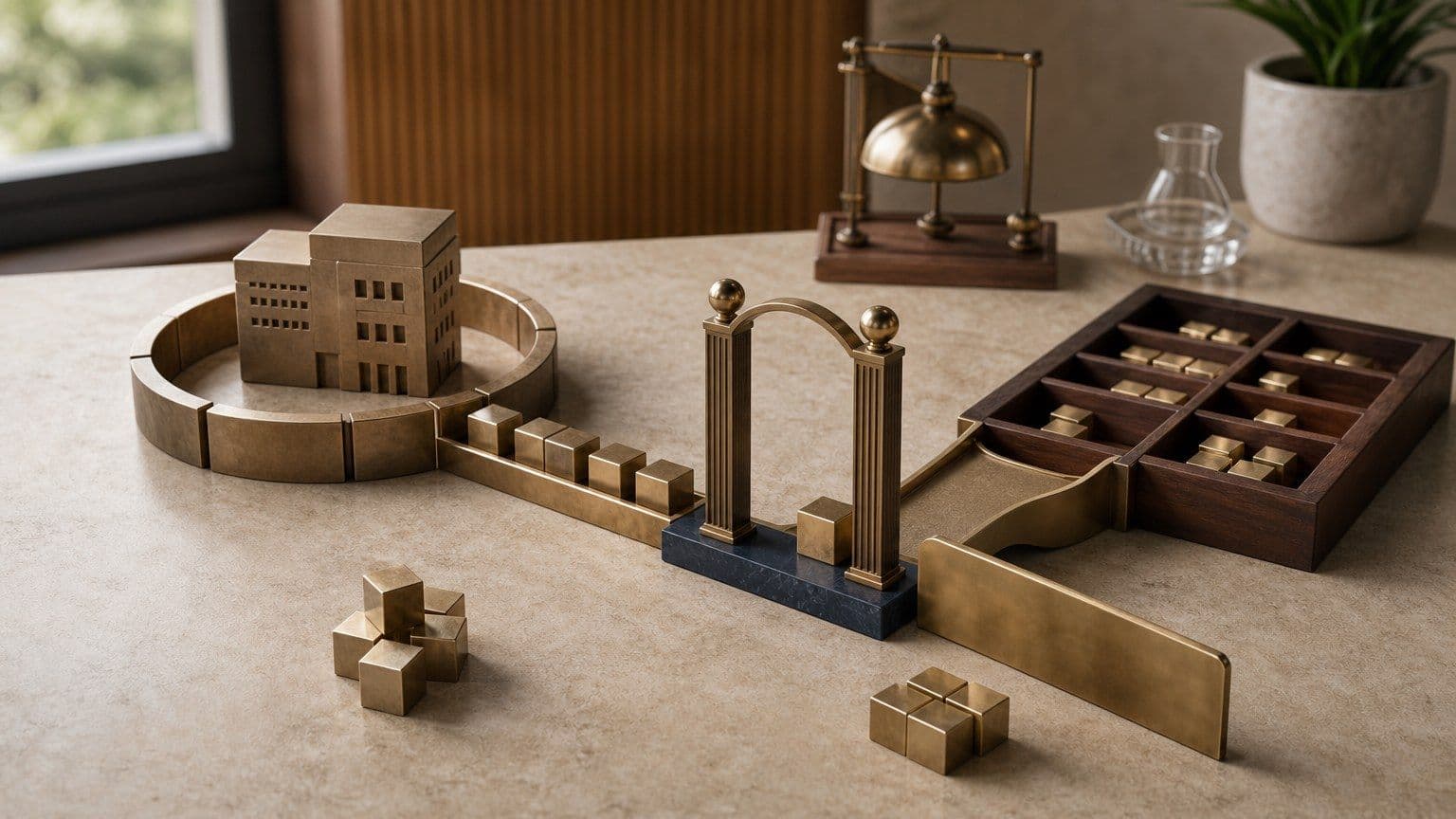 A private company model passes through a public-offering gate toward investor allocation trays and a stock-exchange bell.