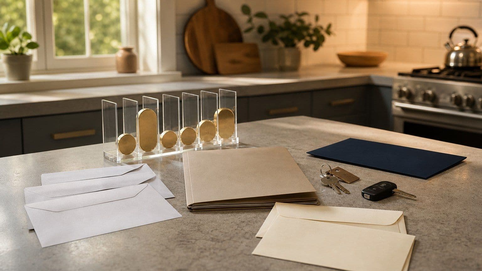 A kitchen counter with blank credit files, envelopes, keys, and unmarked brass score-comparison columns.