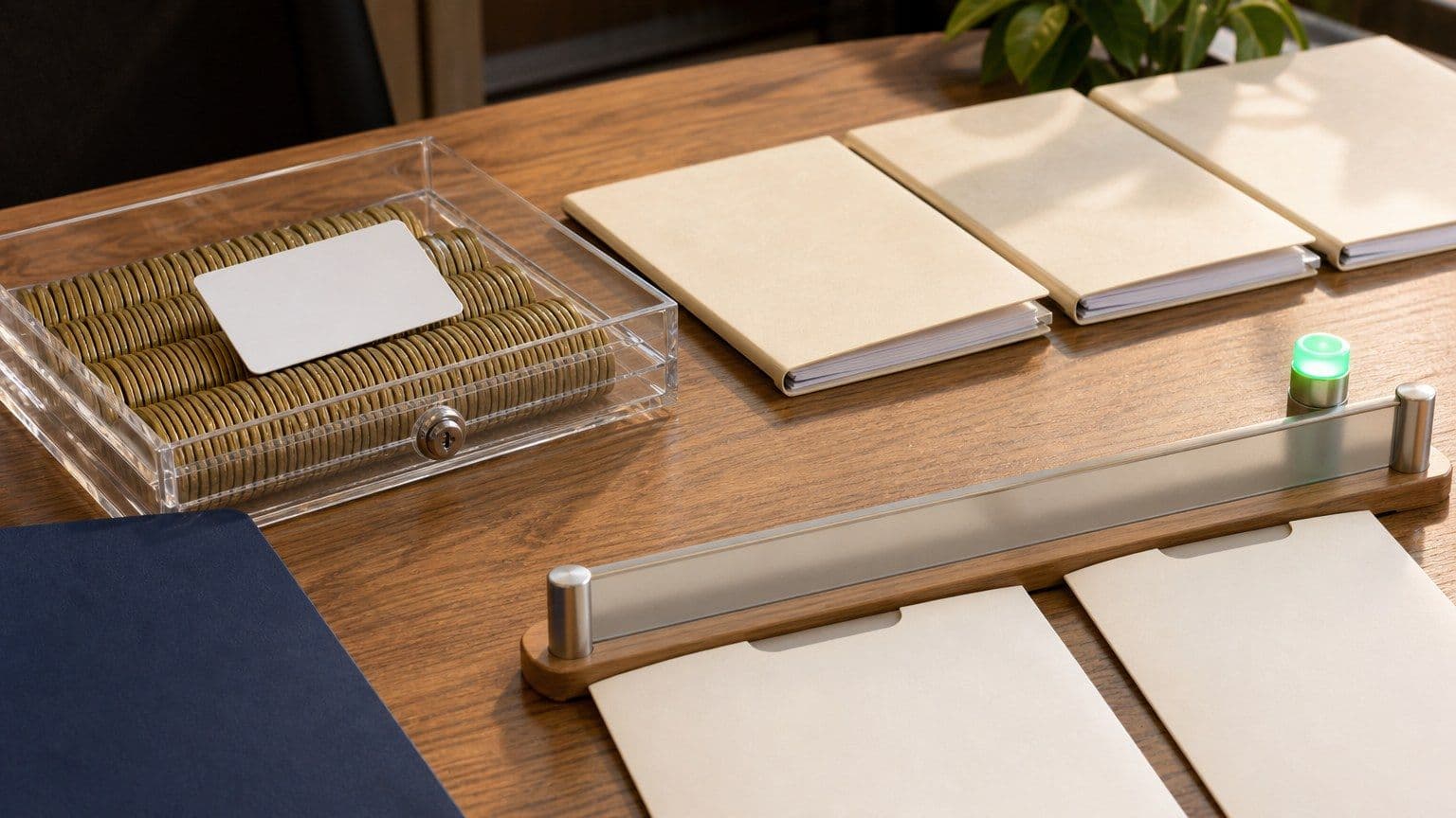 A secured-card application scene with a blank payment card, deposit tray, and three credit-report folders.
