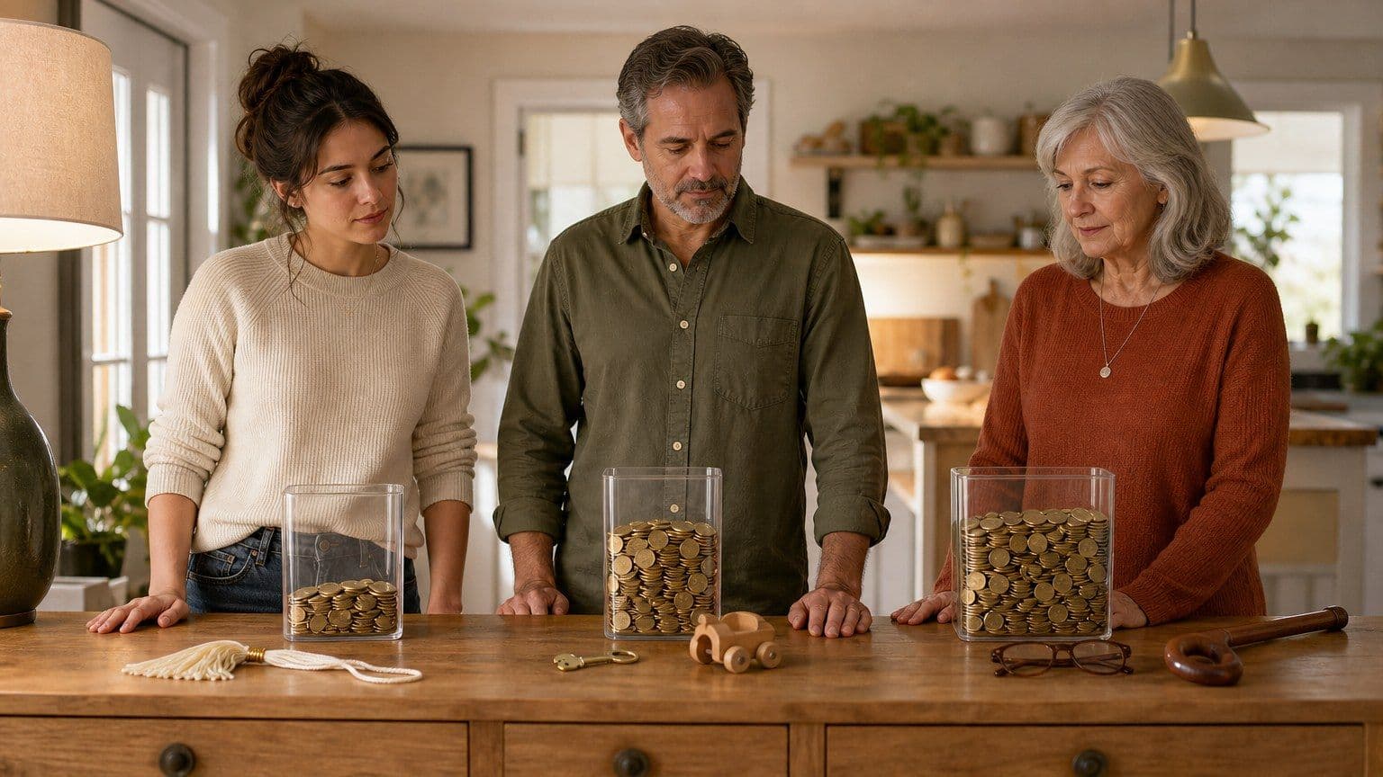 Three adults at different life stages compare savings boxes filled to different levels.