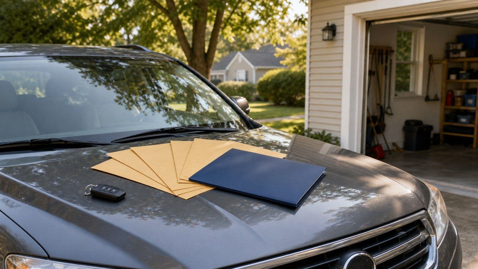 A used SUV in a suburban driveway with blank payment envelopes and a car key on the hood.