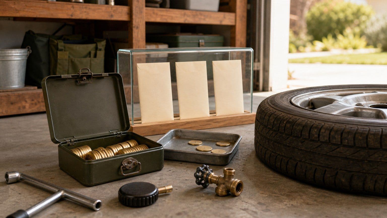 An emergency cash box and savings envelopes sit beside a flat tire and repair tools in a home garage.