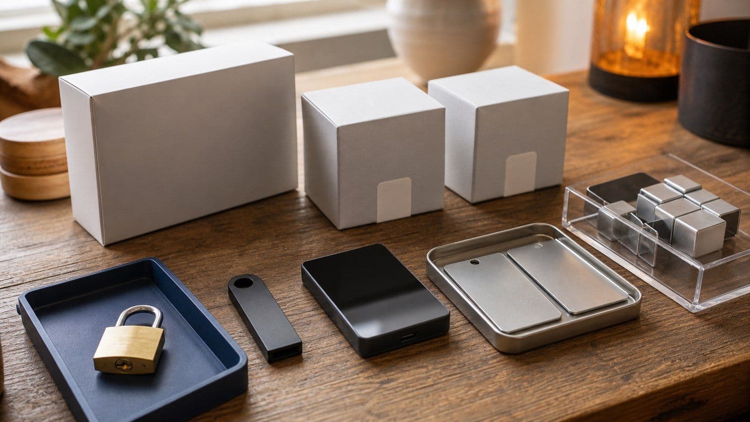 Unbranded hardware wallets, backup cards, and a padlock arranged on a wooden workbench.