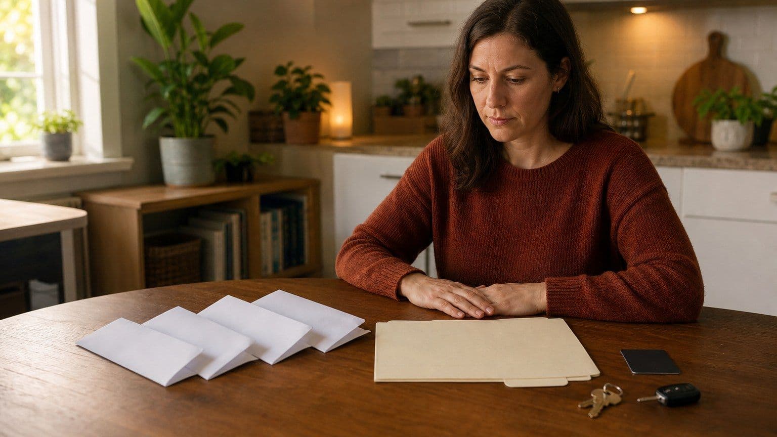 A person reviews three blank credit-report envelopes and a credit file at a kitchen table.