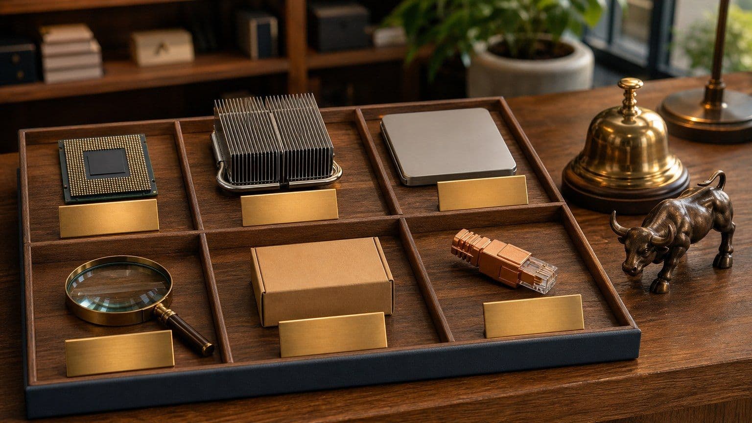 Six unbranded technology-sector objects sit in separate investment research bays beside blank brass share blocks.