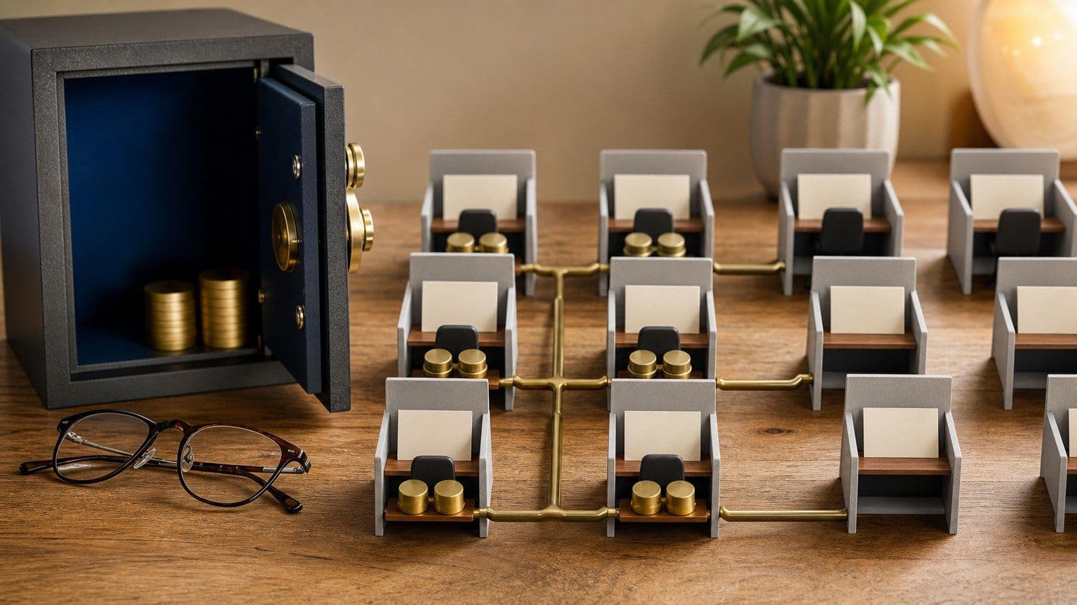 A miniature workplace retirement system links payroll envelopes and matched contributions to a retirement safe.