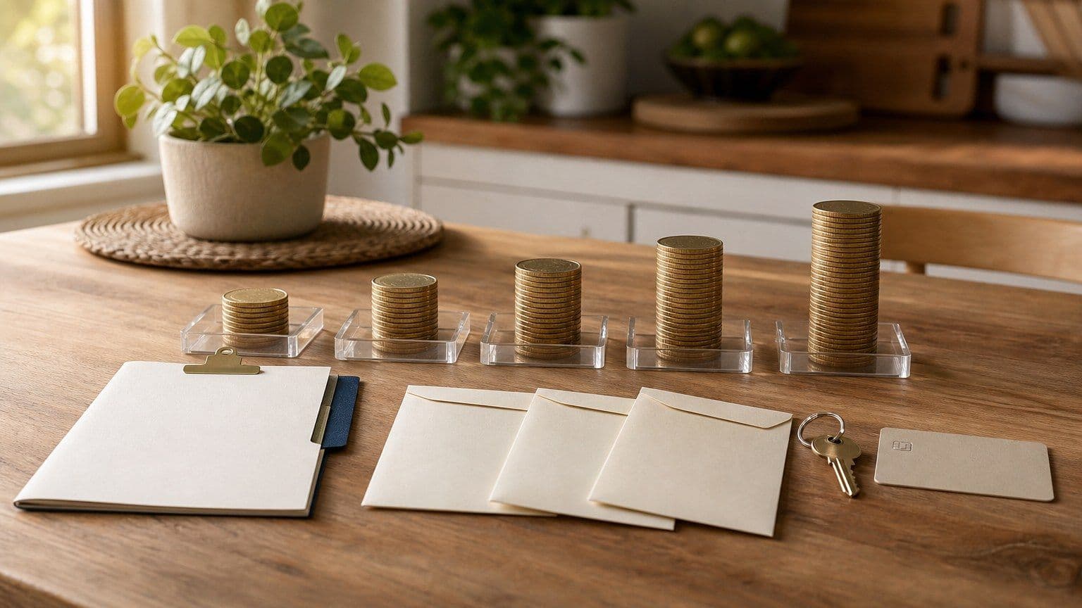 Ascending credit score bands represented by rising trays of coins with a credit file, bureau envelopes, a house key, and a blank credit card on a kitchen table.