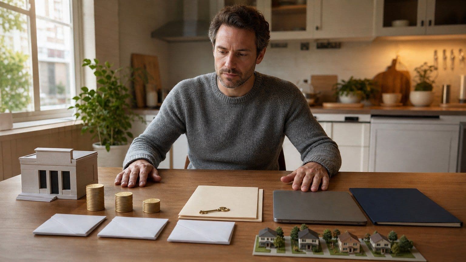 An American borrower compares local branch, credit-union, and online personal loan options at a kitchen table.
