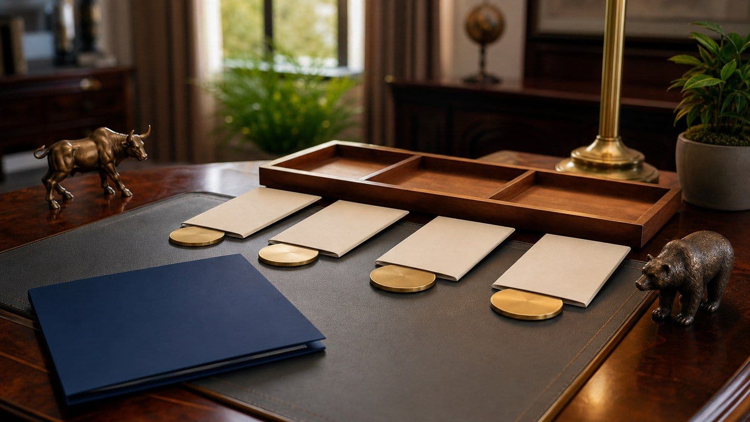Blank envelopes and coin tokens arranged on a desk to show disciplined stock investing over time.