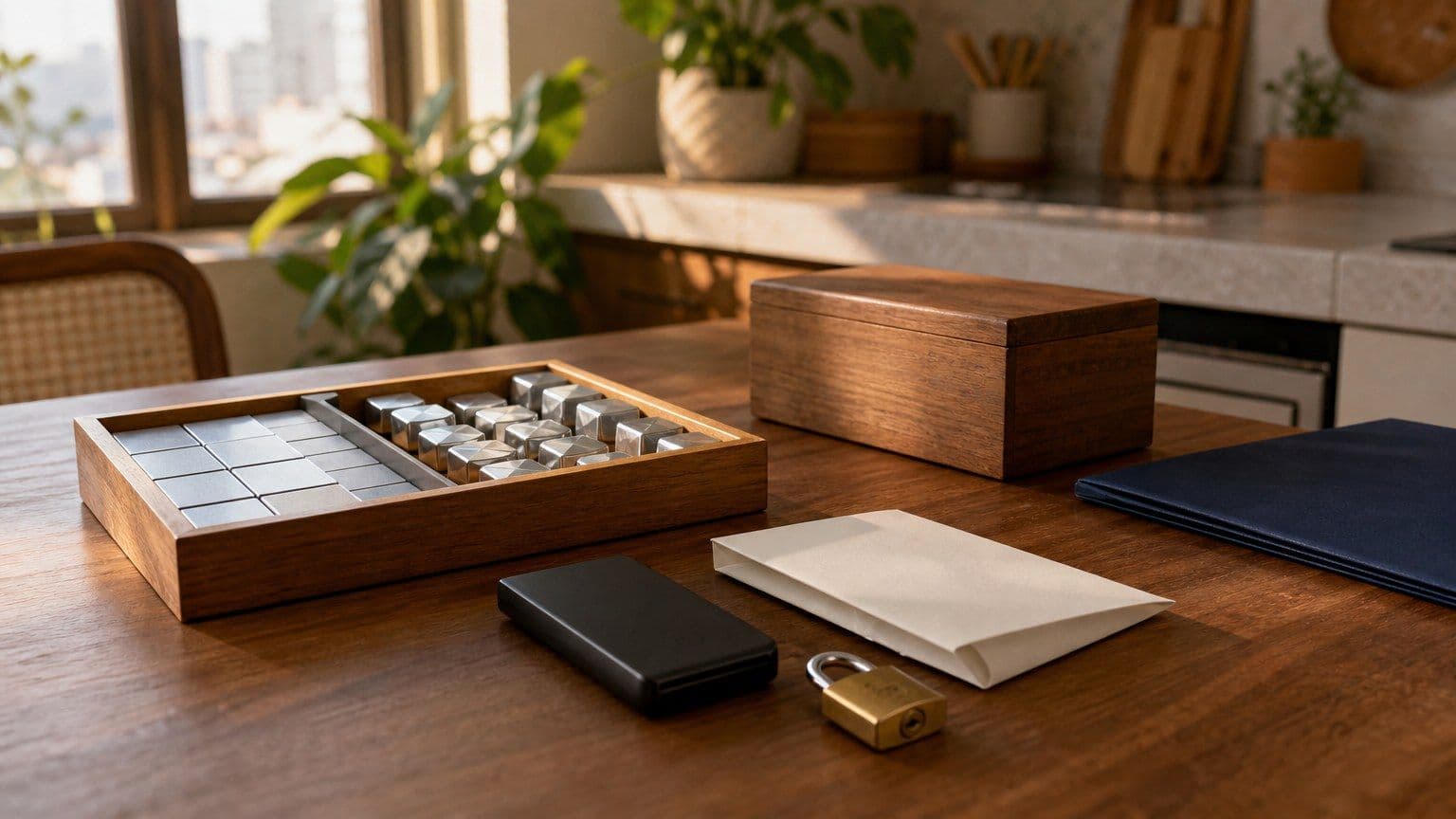 A matte hardware wallet rests beside a blank recovery envelope, a padlock, metal backup pieces, and a wooden storage box.