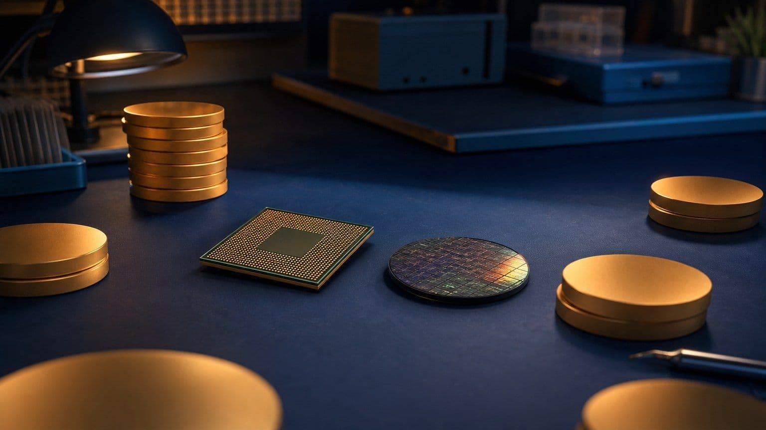 An unmarked AI processor and silicon wafer sit beside blank investment discs on a financial workbench.