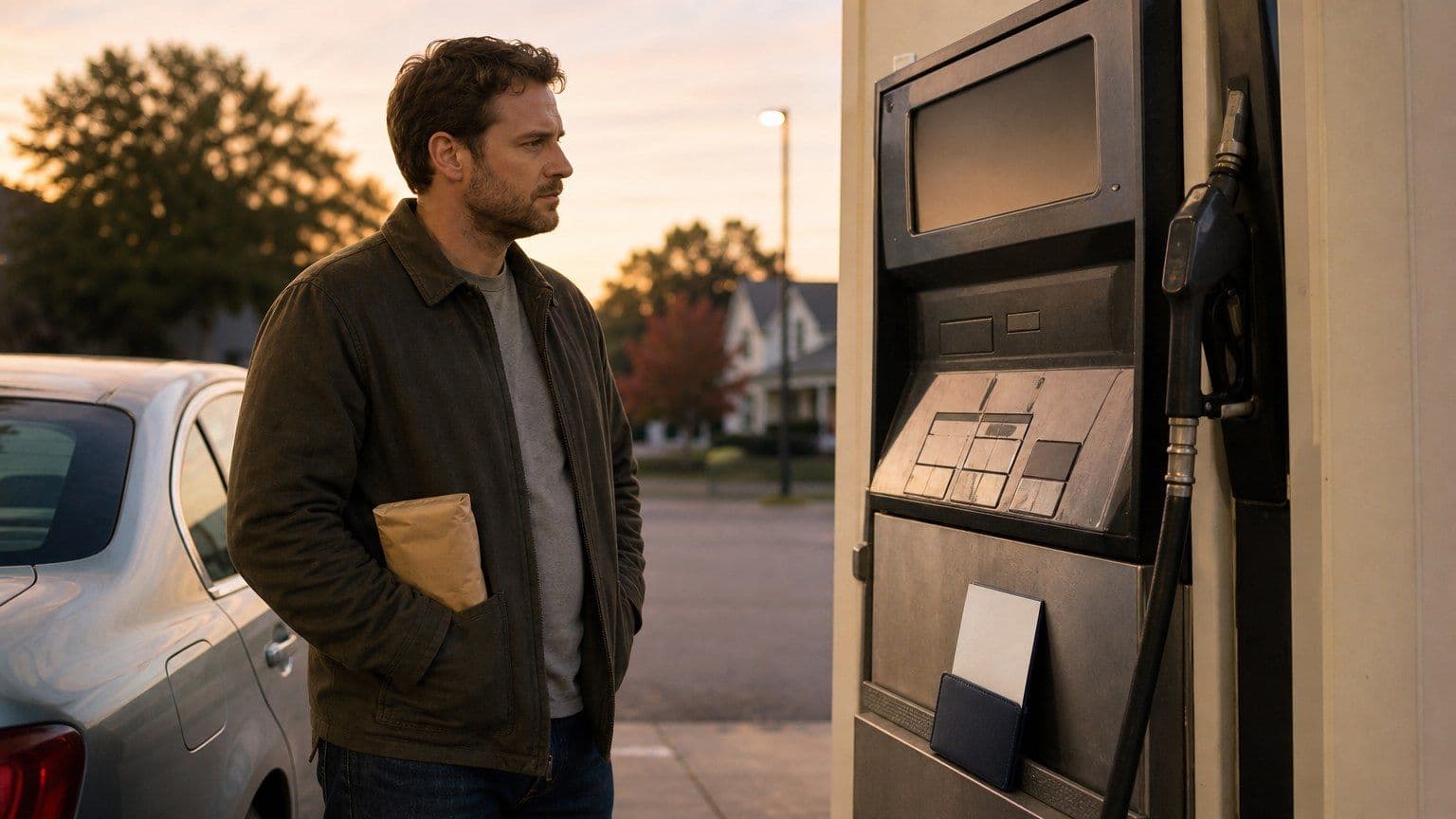 A driver stands at a gas pump beside a car, highlighting the household impact of rising fuel costs.