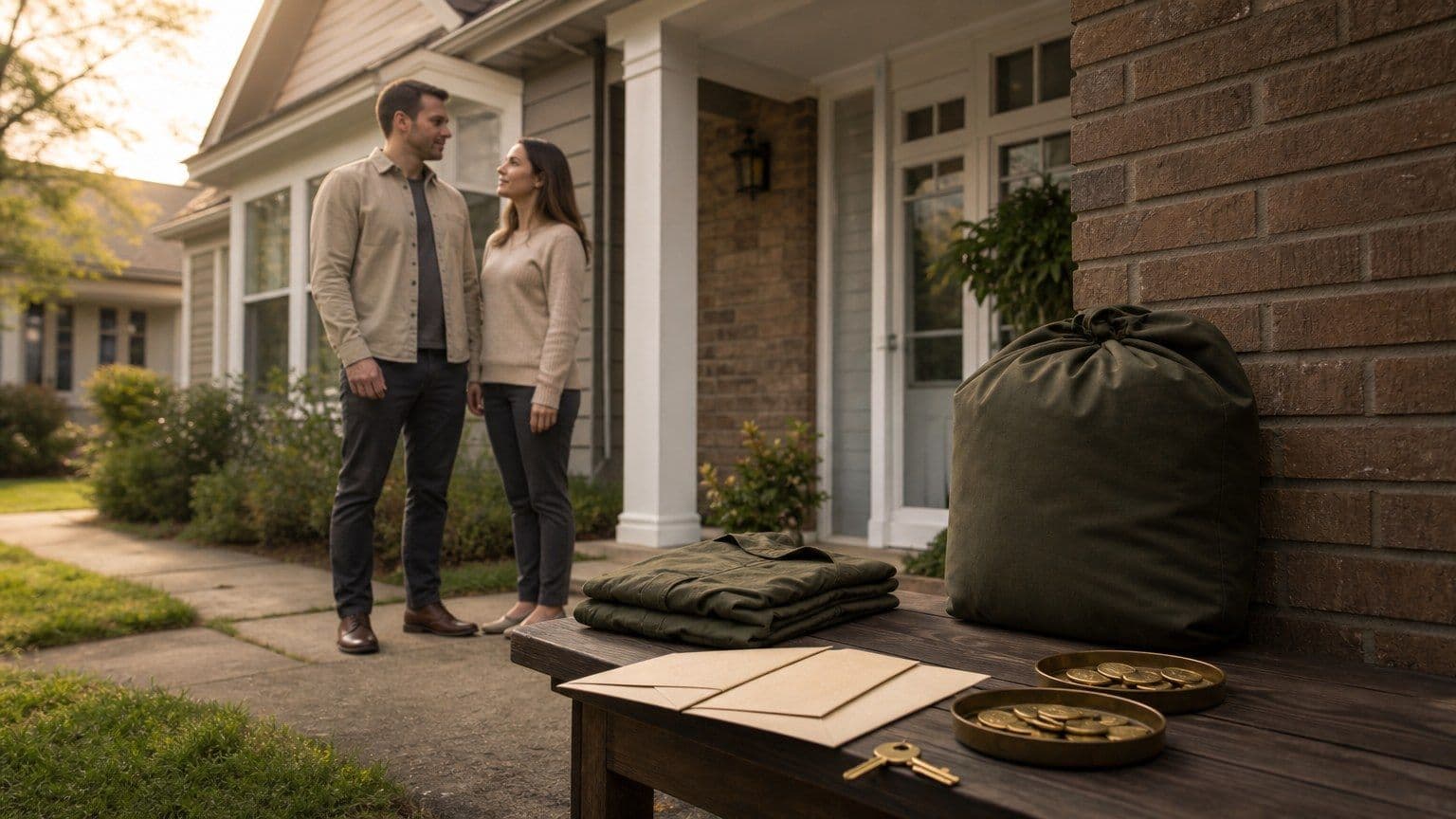 A veteran and spouse compare blank mortgage documents outside a modest suburban home.
