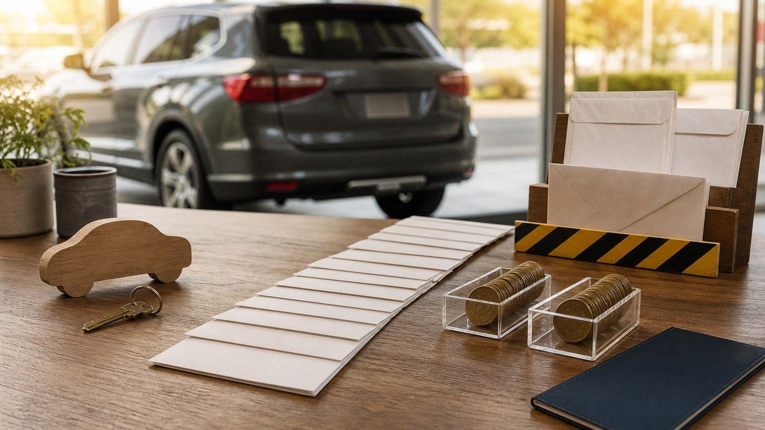 A car-finance desk displays an unbranded vehicle, payment envelopes, and loan-risk trays.