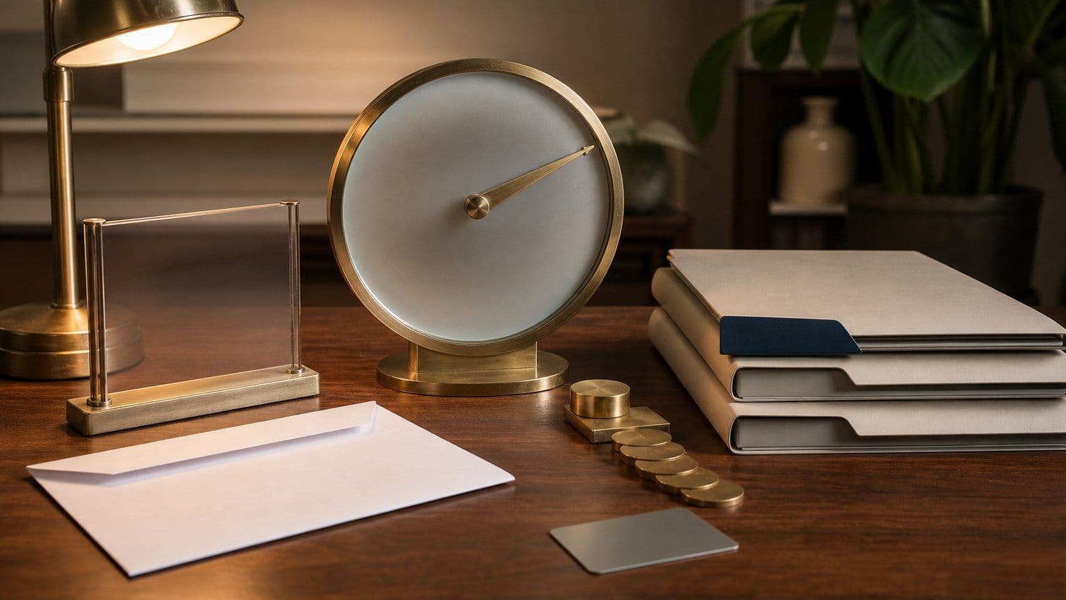 A text-free credit score desk with a raised approval gate, blank credit folders, a blank card, and a top-tier gauge.