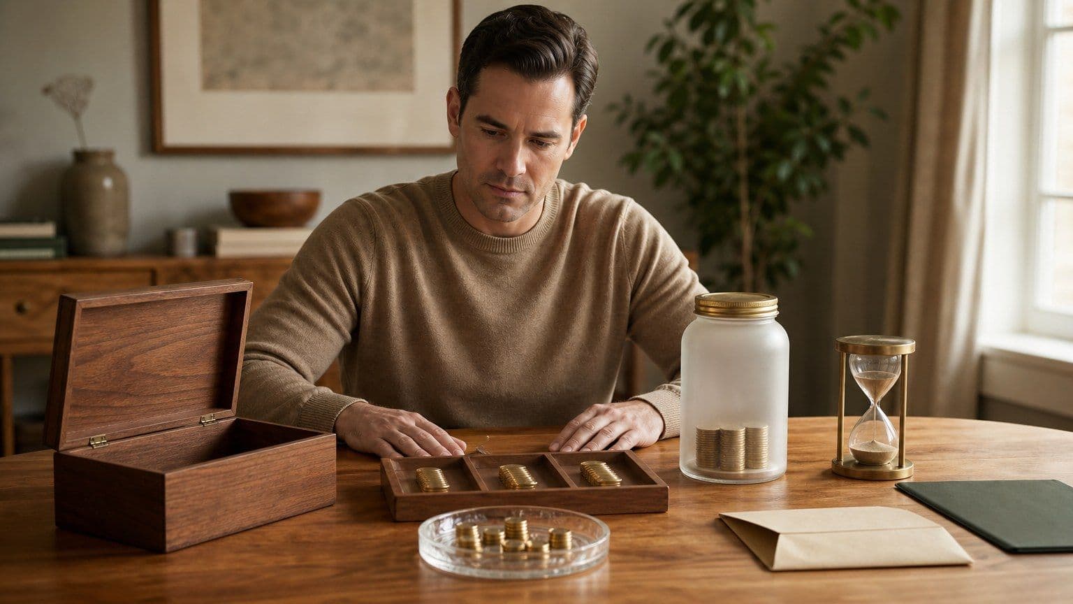 An American saver plans a partial Traditional-to-Roth IRA conversion with retirement funds, a tax dish, and an hourglass.