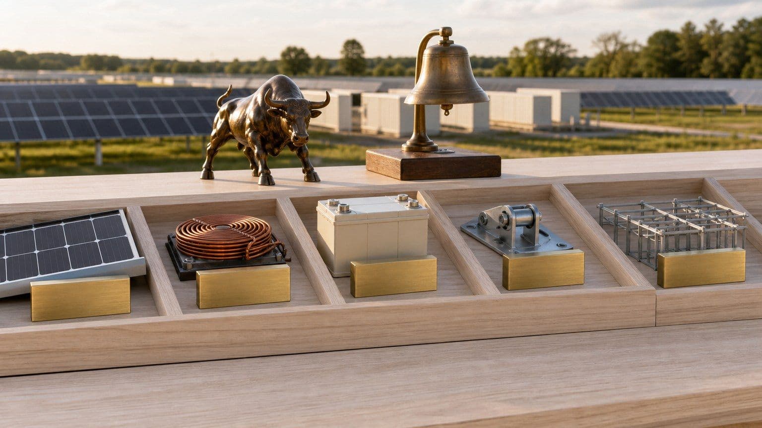 Solar industry components and blank investment blocks sit on a research bench overlooking a solar farm.