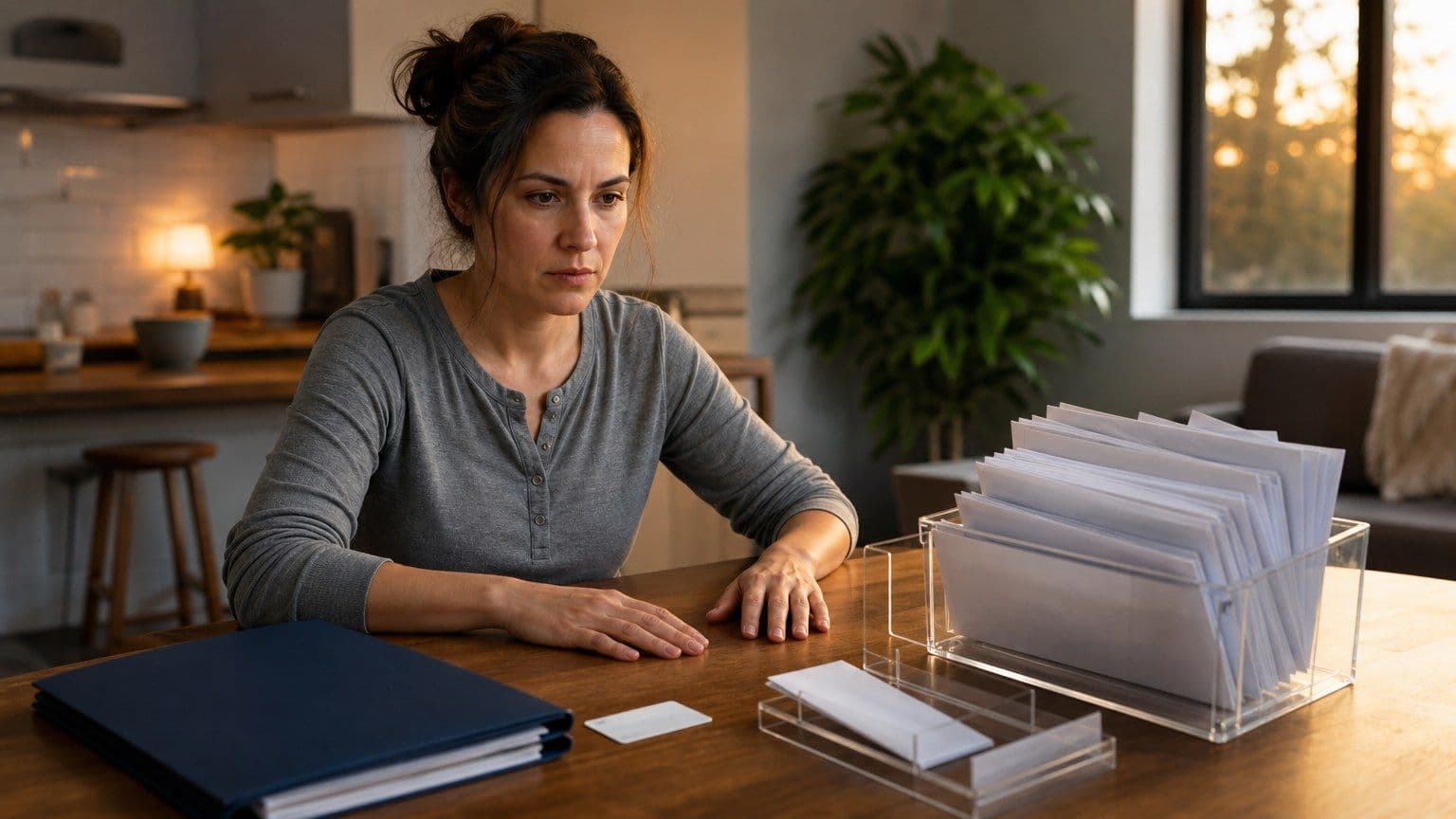 An American cardholder reviews revolving debt envelopes and a depleted repayment tray.