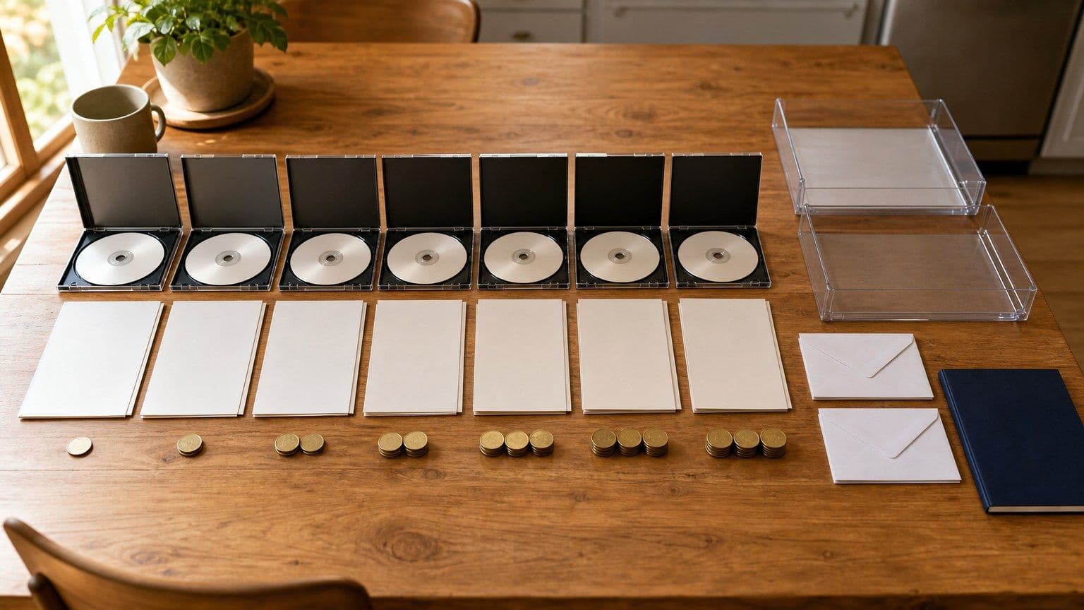 A text-free tax filing software comparison setup with blank software discs, tax folders, envelopes, filing trays, and cost tokens on a kitchen table.
