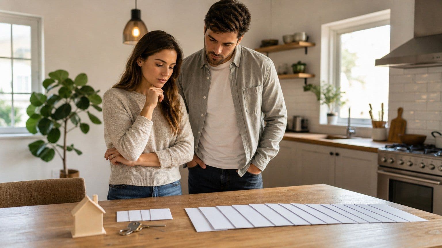A couple reviews blank mortgage payment paperwork beside house keys and a small model home.
