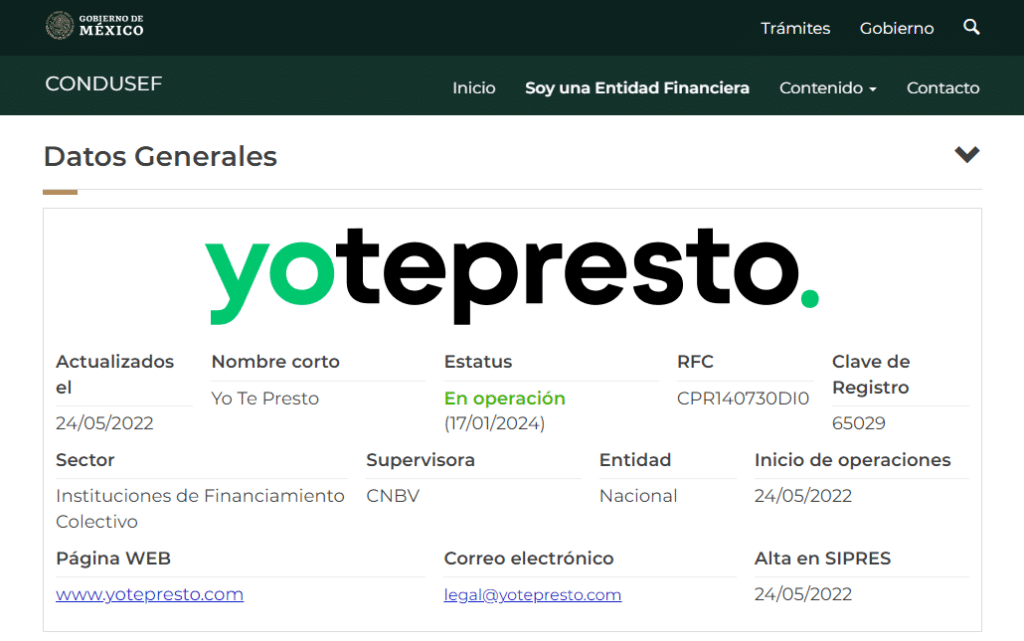 Ficha de Yotepresto en el SIPRES