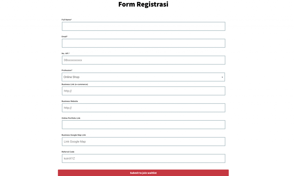 Formulir pendaftaran online Koinworks NEO